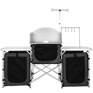 Camping Kitchen Table, Folding Aluminum Outdoor Cooking Station – 3 Cupboard Storage, Detachable Windscreen, Quick Set-up for RV, Picnics & BBQ (Black)