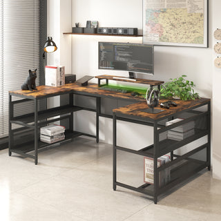 U Shaped Desk with Power Outlets and LED Strip & Monitor Stand, L Shaped Desk with Storage Shelf, Home Office Gaming Desk, Vintage