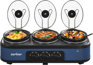 Blue triple slow cooker buffet food warmer, view 4