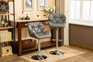 Glasgow Contemporary Tufted Adjustable Height Hydraulic Bar Stools, Set of 2 – Grey Faux Leather, Swivel Chrome Base, Modern Kitchen Counter Stools