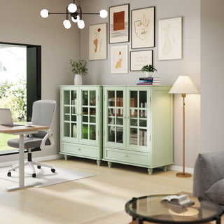 Modern Mint Green Buffet Cabinet with Double Glass Doors - 28" Minimalist Wooden Storage Sideboard