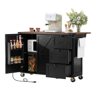 K&K 54.5" Farmhouse Kitchen Island with Power Outlet, Internal Storage Rack, Drop Leaf, Spice Rack, Rolling Cart on Wheels, for Kitchen, Dining Room, Black