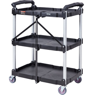 Foldable Utility Service Cart, 3-Shelf Rolling Tool Cart with Lockable Wheels, 165 lbs Capacity, Portable Garage/Office/Home Cart