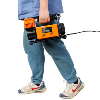 Heavy-Duty 12V Air Compressor, Tire Inflator with Pressure Gauge, Black+Orange Metal, Compact Size