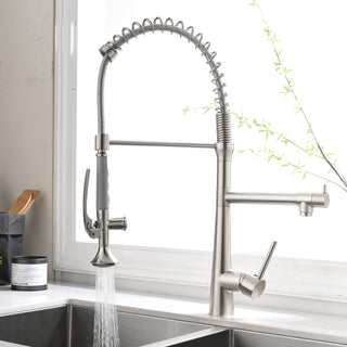 Heavy-Duty Commercial Kitchen Faucet | High-Arc Pre-Rinse Spring Sprayer in Brushed Nickel