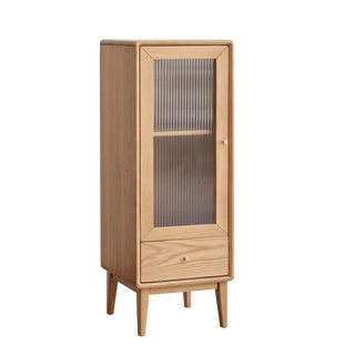 Solid Oak Storage Cabinet for Living Room - Free-Standing Corner Cabinet with Vintage Glass Door, 2 Shelves, 1 Drawer & Brass Handle for Entryway, Kitchen, Hallway, TV Stand