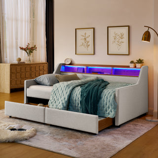 Twin Upholstery Sofa Bed - LED Lights, Storage Headboard & Drawers, Wireless Charging