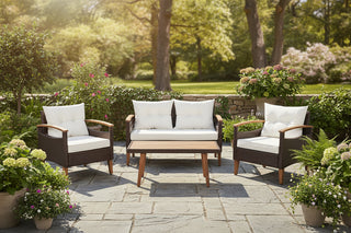 4 Piece PE Rattan Outdoor Sofa Set with Wood Table and Legs - Modern Patio Conversation Set (Brown and Beige)