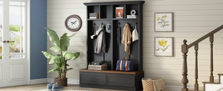 ON-TREND Farmhouse  4-in-1 Hall Tree with Wood Grain Bench, Mudroom Versatile Coat Rack with 2 Large Drawers, Large Entrance Organizer with 6 Black Hooks for Hallway, Living Room, Black, 55.9"Wx75.6"H