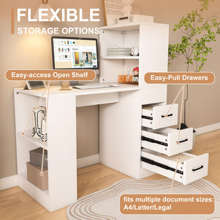 White Computer Desk with 4-in-1 Socket, the Desk with 3 Slide Drawers and 4 Storage Levels, the Wooden Desk is Suitable for a Variety of Places