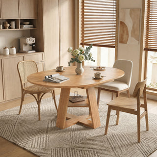 43.3in-59in Extendable Round Dining Table for 4-8,Modern Kitchen Oval Dining Table with Removable Leaves Space Saving,Wood Base with Storage Shelf for Kitchen Living Room (Natural Wood)