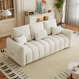 80.7" Premium Teddy Fabric Sofa with 3 Back Pillows & Cushions – Solid Wood Frame, 3-Seat Sofa with Oversized Upholstered Chair for Living Room, Bedroom, Apartment & Office