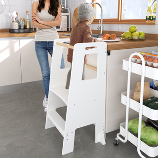 Kids Standing Tower, Child Kitchen Step Stool Toddler Wood Stepping Stool - Children's Montessori Stool - Adjustable Height, White MDF and Pine Wood, 17.52 x 16.73 x 36.02 inches