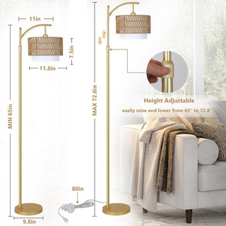 Gold Floor Lamp for Living Room with Remote Control - Dimmable Arc Floor Lamp with 3 Color Temperatures - Boho Standing Lamp with Rattan &amp; Fabric Shades - Modern Tall Adjustable Lamp for Bedroom &amp; Office