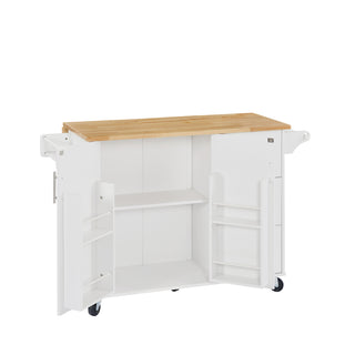 Kitchen Island with Drop Leaf Countertop, Rolling Cart with Barn Door Storage Cabinet & Tower Rack, On-Wheels Island Table for Kitchen, White