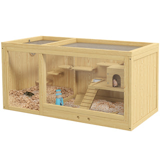 PawHut Wooden Hamster Cage – Extra Large Gerbil Cage, Multi-Layer Small Animal Cage for Dwarf Hamsters, Activity Center with Pull-Out Tray, Seesaws, Water Bottle, Ladder, Openable Top