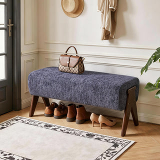 Modern Decorative Chenille Fabric Bench, Ergonomic Padded Entry Bench with Solid Wood Legs, Upholstered Ottoman Bench for Foyer Bedroom Living Space