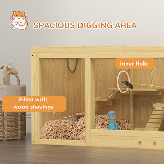 PawHut Wooden Hamster Cage – Extra Large Gerbil Cage, Multi-Layer Small Animal Cage for Dwarf Hamsters, Activity Center with Pull-Out Tray, Seesaws, Water Bottle, Ladder, Openable Top