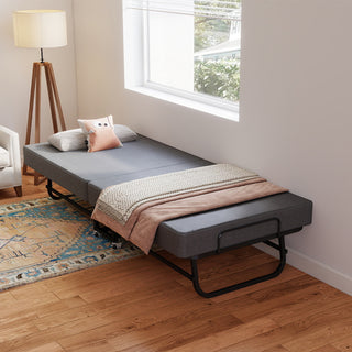 Grey folding bed with memory foam mattress, view 2