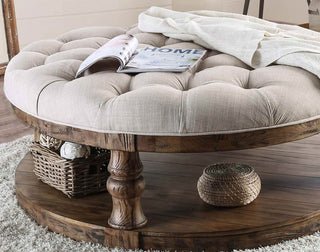 Rustic Round Coffee Table with Open Shelf | Antique Oak Finish, Wooden Table with Turned Legs