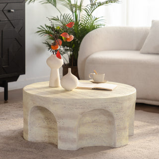 MgO Modern Minimalist Round Accent Coffee Table with Unique Arched Cutout Base, No Assembly Required, Sturdy Structure for Living Room, Bedroom & Outdoor Home Decor.