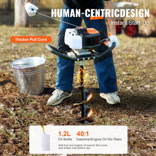 VEVOR Gas Post Hole Digger 52CC 1450W with 8 Drill Bits & Extension Rod, Black Aluminium Alloy, 46.35 Inch