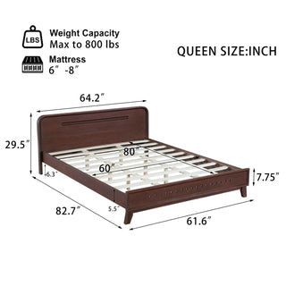 Pine Solid Wood Queen Size Bed – Stable No-Box-Spring Bed Frame, Dark Walnut Finish