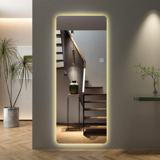 Wall Mounted Full Body Mirror with Dimming Lights in Silver Glass 65x21in