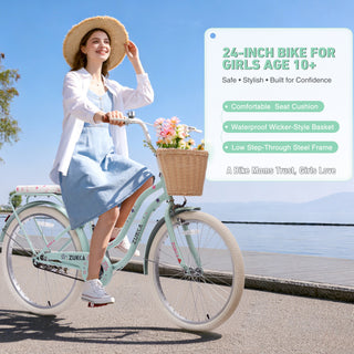 24 Inch Cruiser Bike for Girls, Single Speed Commuter Bicycle with Wicker Basket & Rear Rack, High Carbon Steel Frame Comfort City Bike for Outdoor Riding