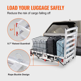 50 x 29.5 x 8.7 inch Hitch Cargo Carrier, 500lbs Capacity Trailer Hitch Mounted Cargo Basket, Aluminum Luggage Carrier Rack with Folding Ramp, Fits 2' Hitch Receiver for SUV Truck Pickup Camping