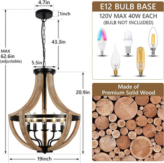 19 inch Farmhouse Chandelier, 5-Light Solid Wood, Brown