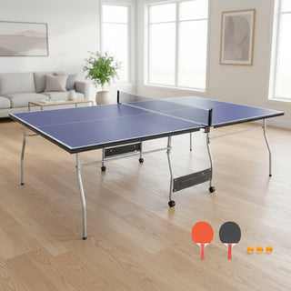 8ft Mid-Size Table Tennis Table Foldable & Portable Ping Pong Table Set for Indoor Games with Net, 2 Table Tennis Paddles and 3 Balls