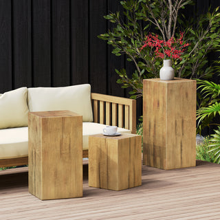 Retro Natural Style Side Table Set – Stackable Square-Column MGO End Tables, Natural Color for Living Room, Bedroom, or Office