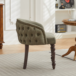 Hand-pulled buckle decoration PU Dining Chair,Accent Leisure Chair, Mid-Century Modern Arm Chair with Solid Wood Armrests and Legs, 1-Seat Cushioned Sofa for Living Room Bedroom,Olive Green color