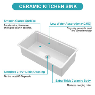 Undermount White Kitchen Sink Workstation - 33 inch White Porcelain Ceramic Single Bowl Dual Mount Kitchen Sink