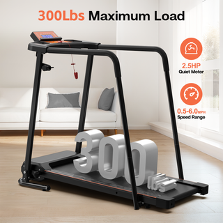 Home Fitness Treadmill for Seniors with Extended Handrails, Portable Foldable Design, 300 LBS Capacity, Black+Orange Steel Frame, 43.3x14.2-Inch Running Surface