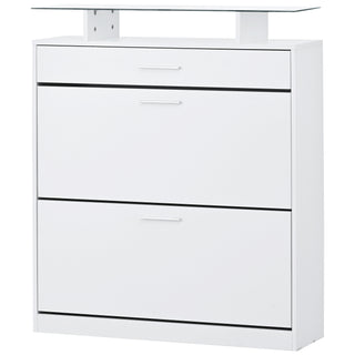 [VIDEO provided] ON-TREND Slim Entryway Organizer with 2 Flip Drawers, Tempered Glass Top Shoe Storage Cabinet with Drawer, Free Standing Tipping Bucket Shoe Rack with LED Light for Hallway, White