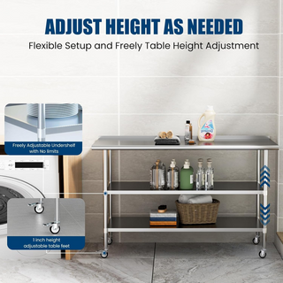 60x24 Inch Stainless Steel Table with Wheels | Commercial Prep & Work Table with 2 Adjustable Shelves