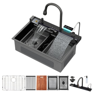 Gunmetal Black 30' Stainless Steel Whale Digital Waterfall Sink with LED Display, 16 Gauge Single Bowl Ledge Workstation