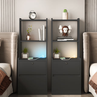 Modern Black Smart Nightstand with Charging Station and Voice-Controlled Night Light