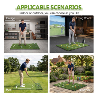 5'x4' Golf Hitting Mat with Cross Stance Guide, Indoor Outdoor Golf Practice Mat with 7 Tee Positions, Heavy Duty Swing Turf for Backyard Garage Training – Includes Balls, Tees & Strap