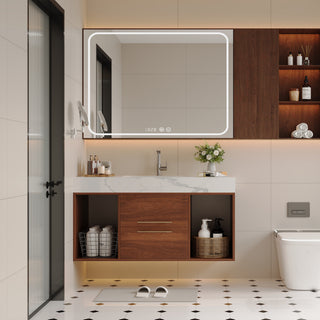 39.4 inch Floating Bathroom Vanity with Ceramic Sink, White Slate Top