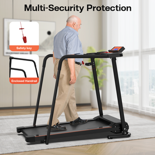 Home Fitness Treadmill for Seniors with Extended Handrails, Portable Foldable Design, 300 LBS Capacity, Black+Orange Steel Frame, 43.3x14.2-Inch Running Surface
