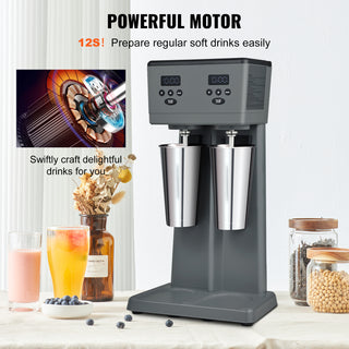 Commercial Milkshake Maker 375W × 2 | Double Head Electric Milkshake Machine with 2 × 820ml Stainless Steel Cups | 3-Speed Drink Mixer Blender with LED Microswitch