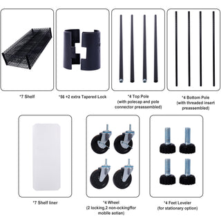 Black 7-Tier Metal Shelving Unit | 2450lbs Heavy-Duty Adjustable Storage Rack with Wheels & Liners