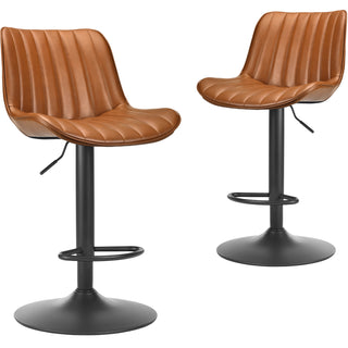 Swivel Adjustable Bar Stools Set of 2 | Brown PU Leather Counter Height Bar Chairs with Back Support