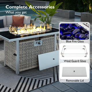 K&K 43" Rectangular Propane Fire Pit Table | 60,000 BTU Wicker Fire Table with Glass Wind Guard - Grey