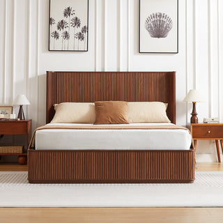 Walnut Corrugated Wave Headboard Platform Bed, 44" Tall Fluted Headboard