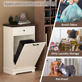 10 Gallon Tilt Out Trash Cabinet Freestanding Trash Bin Cabinet Wood Garbage Recycling Cabinet with Drawer Pet Proof Trash Can Holder for Kitchen Living Room, Antique White (Not include trash can)