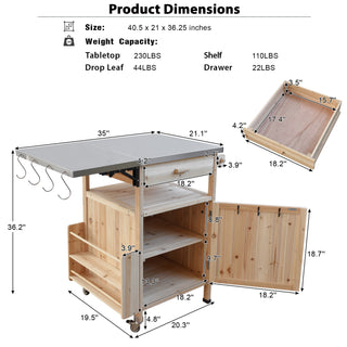 K&K 40.5" Outdoor Grill Cart – Solid Wood Rolling Kitchen Cart with Stainless Steel Top, Drop Leaf, Drawer, Towel Rack & Lockable Wheels for Patio, Lawn & Garden